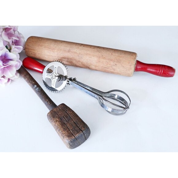 Vintage Kitchen Utensils Wooden Rolling Pin Hand Mixer Masher - Picture 1 of 6
